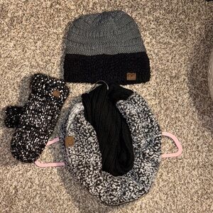 CC Boutique Black and Gray Knit Beanie, Scarf, Glove Set